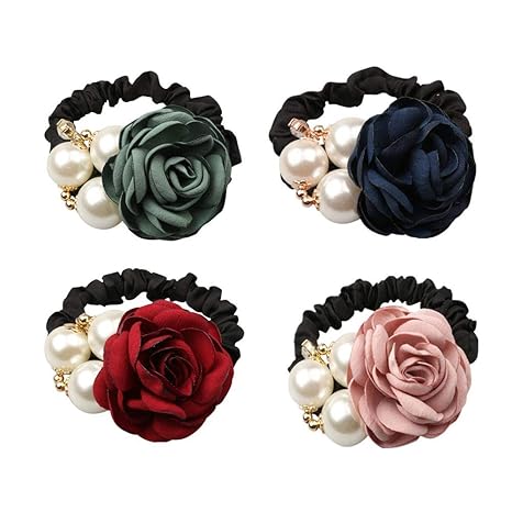 4Pcs Fashion Pearl Hair Rope Rose Flower Rhinestone Hair Ties/ Jewelry Rubber Band