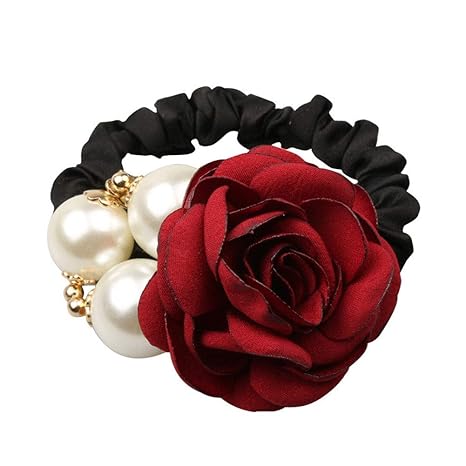 4Pcs Fashion Pearl Hair Rope Rose Flower Rhinestone Hair Ties/ Jewelry Rubber Band