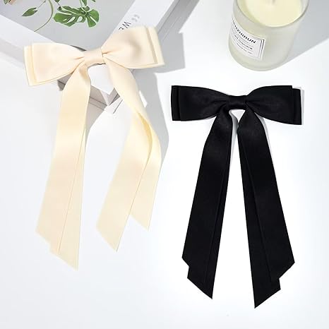 2PCS Hair Bows Hair Clip Beige Black Hair Ribbon Ponytail Holder Accessories Slides Metal Clips Hair Bow for Women Girls Toddlers Teens Kids