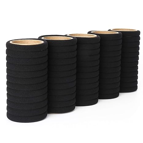 50PCS Black Hair Ties for Women, Cotton Seamless Hair Bands, Elastic Ponytail Holders, No Damage for Thick Hair, 2 Inch in Diameter