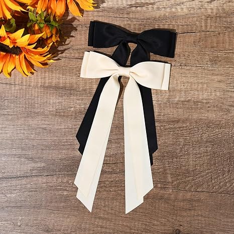 2PCS Hair Bows Hair Clip Beige Black Hair Ribbon Ponytail Holder Accessories Slides Metal Clips Hair Bow for Women Girls Toddlers Teens Kids